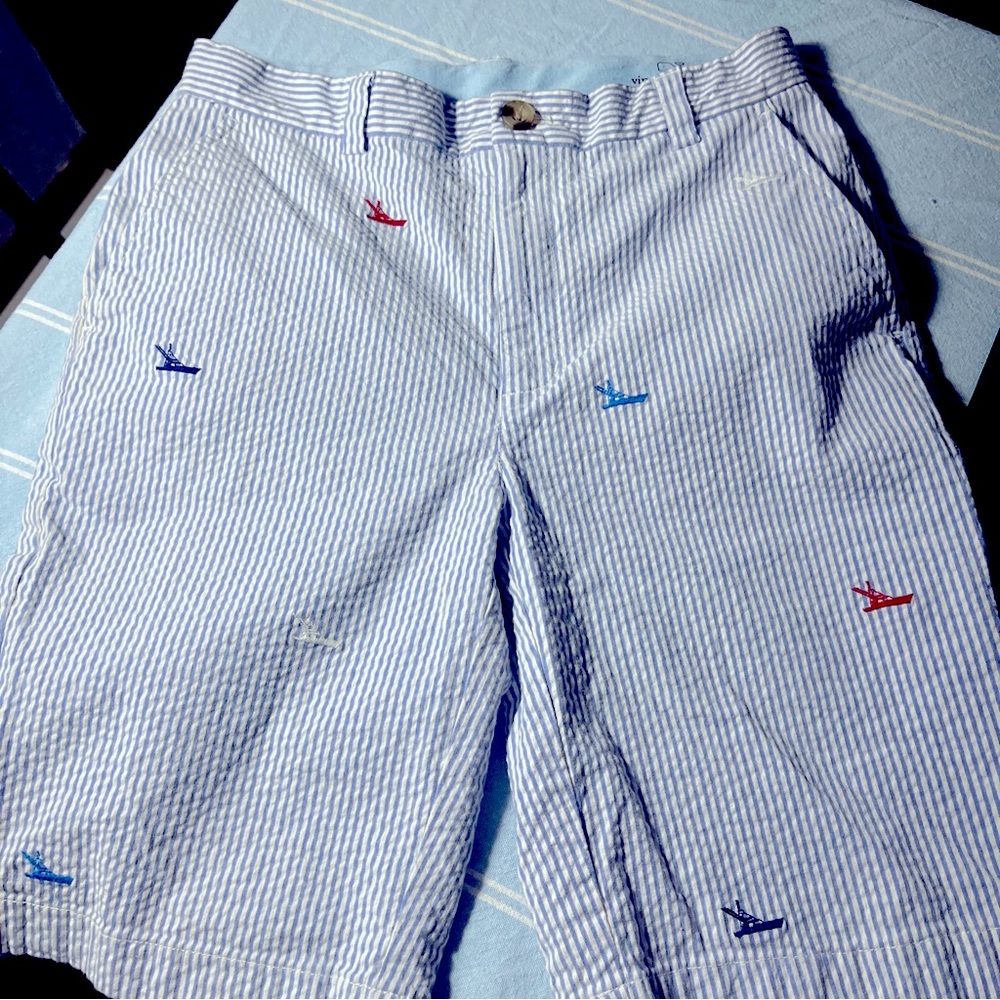 Vineyard Vines Seersucker Boat Embroidered Shorts Boys 14 Adjustable Waist